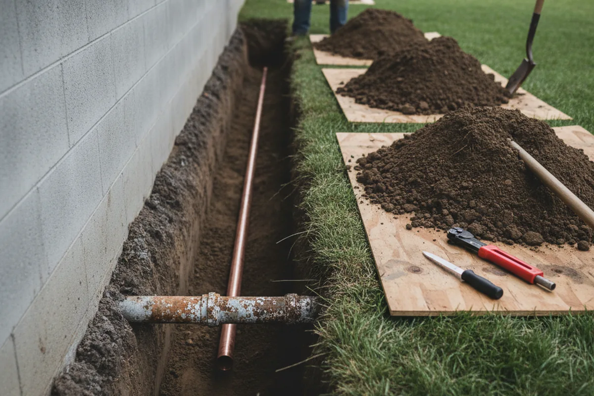 Excavated water line trench during Water Softener Installation in Corona